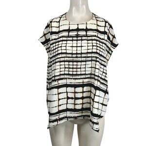 MM.LaFleur XS Cream Black Brown Grid Print Triacetate Cap Sleeve Blouse Top
